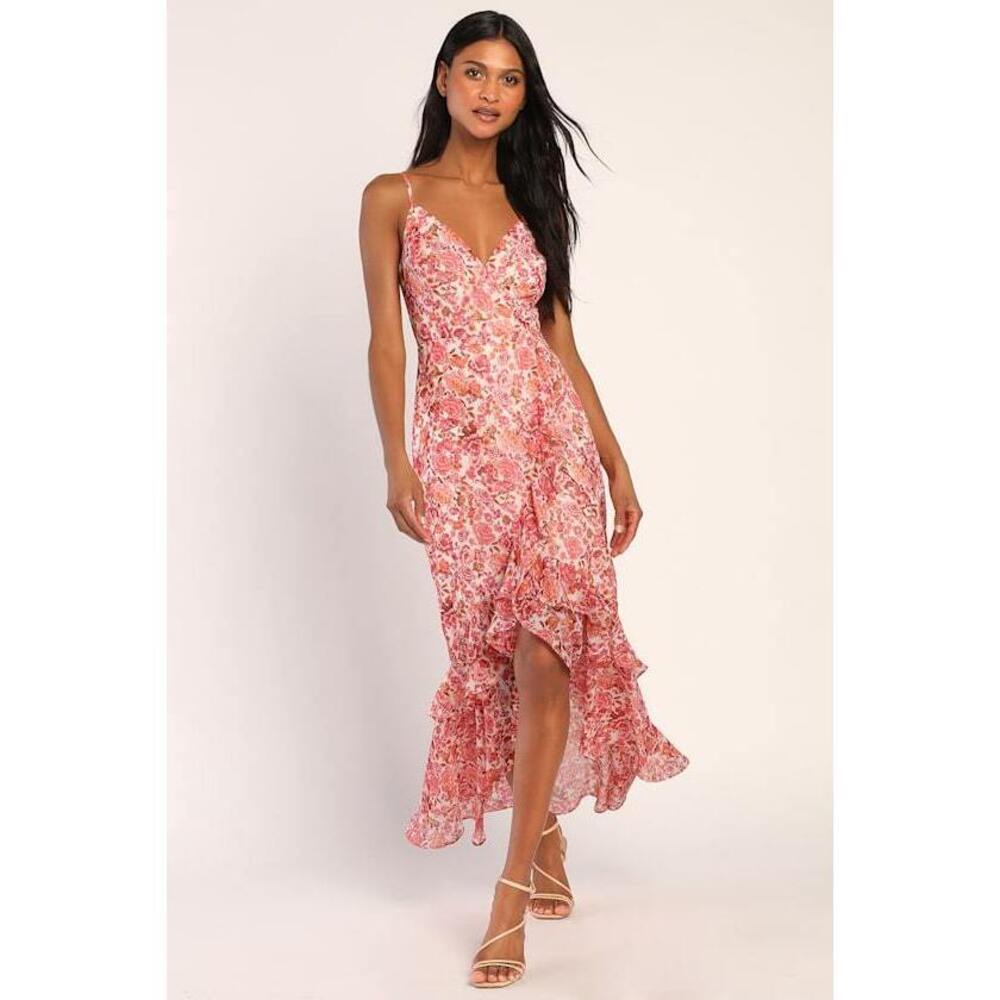 Lulus Always Enchanting Pink Floral Metallic Ruffled High-low Dress - Size M